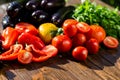 Close-up of fresh, ripe tomatoes, eggplant, sweet red pepper and Royalty Free Stock Photo