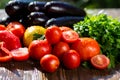 Close-up of fresh, ripe tomatoes, eggplant, sweet red pepper and Royalty Free Stock Photo