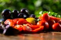 Close-up of fresh, ripe tomatoes, eggplant, sweet red pepper and Royalty Free Stock Photo