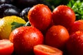 Close-up of fresh, ripe tomatoesand eggplant.Group of tomatoes a