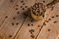 Close up of fresh roasted coffe beans in  cezve traditional turkish coffee pot on wooden table Royalty Free Stock Photo