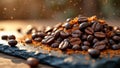 Close-up of fresh roasted coffee beans and ground coffee on slate surface in sunlight Royalty Free Stock Photo