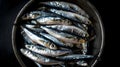 Fresh sardines neatly arranged in a round tin on a dark background. Ideal for culinary arts and seafood themes. A high