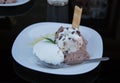 Close up of fresh scoops of ice cream with chocolate wafer rolls on a plate Royalty Free Stock Photo