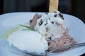 Close up of fresh scoops of ice cream with chocolate wafer rolls on a plate Royalty Free Stock Photo