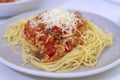 Close-up fresh served spaghetti bolognese ready to eat