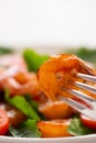 Close-up of fresh shrimp, tomato, arugula and greens salad, vertical image with copy space Royalty Free Stock Photo
