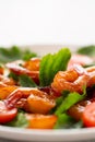 Close-up of fresh shrimp, tomato, arugula and greens salad, vertical image with copy space Royalty Free Stock Photo