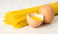 close up Fresh spaghetti with eggs on gray background Royalty Free Stock Photo