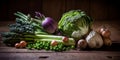 Close-up of fresh spring vegetables on a wooden table Generative AI