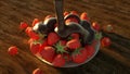 Close up of fresh strawberries in chocolate at home. 3D Rendering.