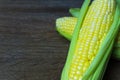 Close up fresh sweet corn cobs with leaves on wood table background Royalty Free Stock Photo