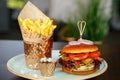 Fresh tasty burger and french fries Royalty Free Stock Photo