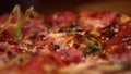Close-up of fresh tasty Italian pizza with salami, mozzarella cheese, bacon, tomato sauce and pepper. Frame. Traditional Royalty Free Stock Photo