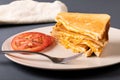 Close-up of fresh tomato slices with cheese toast sandwich and fork served in plate Royalty Free Stock Photo