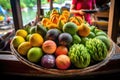 close-up of fresh tropical fruits on a boat at floating market