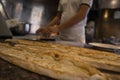 Close-up of fresh Turkish cheese pide on counter at restaurant Royalty Free Stock Photo