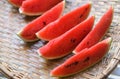 Close up fresh watermelon pieces tropical summer fruit - watermelon slice on wood background Royalty Free Stock Photo