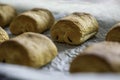 Close up freshly baked chocolate croissants on tray. Traditional french pastry Royalty Free Stock Photo