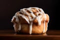 Close-up freshly baked cinnabon roll with sweet glaze flowing down. Generated AI