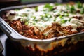 close-up of freshly baked lasagna in casserole dish Royalty Free Stock Photo