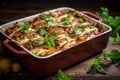 close-up of freshly baked lasagna in casserole dish Royalty Free Stock Photo