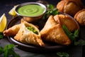 Close-up of a freshly baked samosa stuffed with spiced potatoes, peas, and served with mint chutney, perfect for a flavorful bite