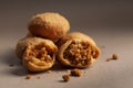 Close-up of freshly baked spicy Dry kachori or crunchy balls filled with spicy dry chutney traditionally authentic Rajasthani and