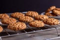 Close-up of a freshly baked stack of warm oatmeal cookies on a cooling rack and saucer on a dark background