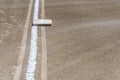 Close up of freshly chalked baseline, with base plate, dirt only, empty baseball field on a sunny day