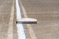 Close up of freshly chalked baseline, with base plate, dirt only, empty baseball field on a sunny day Royalty Free Stock Photo