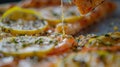 Close-up of freshly cooked seafood topped with lemon slices and herbs, highlighting a drizzle of sauce