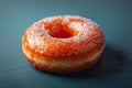 Close-up of a freshly glazed donut with a sparkling sugar coating on dark background. Generative AI