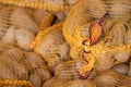 Close-up of freshly harvested potatoes that are in sacks. The potato sacks are made of mesh and are tied at the top. The colors of Royalty Free Stock Photo