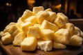 close-up of freshly made cheese curds