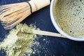 A close of freshly made matcha green tea and tools