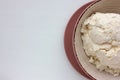 Close-up of freshly made white soft cottage cheese in bowl on white table background. Homemade ricotta cheese. Royalty Free Stock Photo