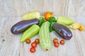 Close up of freshly pickled harvest of vegetbles - bell pepper, drill and tomatoes on wooden table. Rustic style. Organic healthy Royalty Free Stock Photo