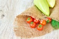 Close up of freshly pickled harvest of vegetbles - bell pepper, drill and tomatoes on wooden table. Rustic style. Organic healthy Royalty Free Stock Photo