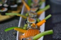 Close-up of freshly prepared homemade collection of Sushi variety during a cooking class