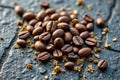 Close-up of freshly roasted coffee beans on rustic stone surface Royalty Free Stock Photo