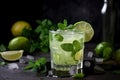 close-up of freshly squeezed lime juice on ice cubes in mojito cocktail