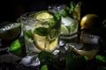 close-up of freshly squeezed lime juice on ice cubes in mojito cocktail