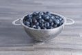 Close-up of freshly washed blueberries in a stainless steel colander