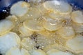 Close-up of fried chips potatoes frying in boiling hot oil in a deep fryer at home. fast fries, Junk food concept Royalty Free Stock Photo