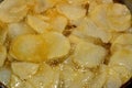 A close up of fried chips potatoes frying in boiling hot oil in a deep fryer at home. fast fries, Junk food concept, home made Royalty Free Stock Photo