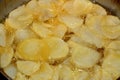 A close up of fried chips potatoes frying in boiling hot oil in a deep fryer at home. fast fries, Junk food concept, home made Royalty Free Stock Photo