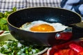 Close up of fried egg in a small frying pan isolated in a rustic composition