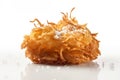 A close up of a fried onion on a white surface. Generative AI image.