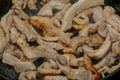 Close-up of fried pork pieces in the process of frying